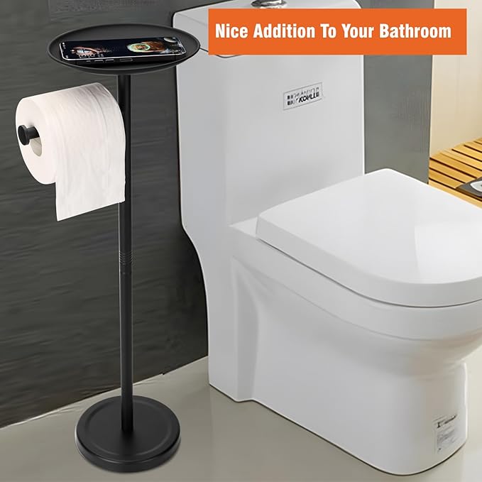 Tofix Freestanding Toilet Paper Holder with Shelf and Tray, Stainless Steel Base, Black
