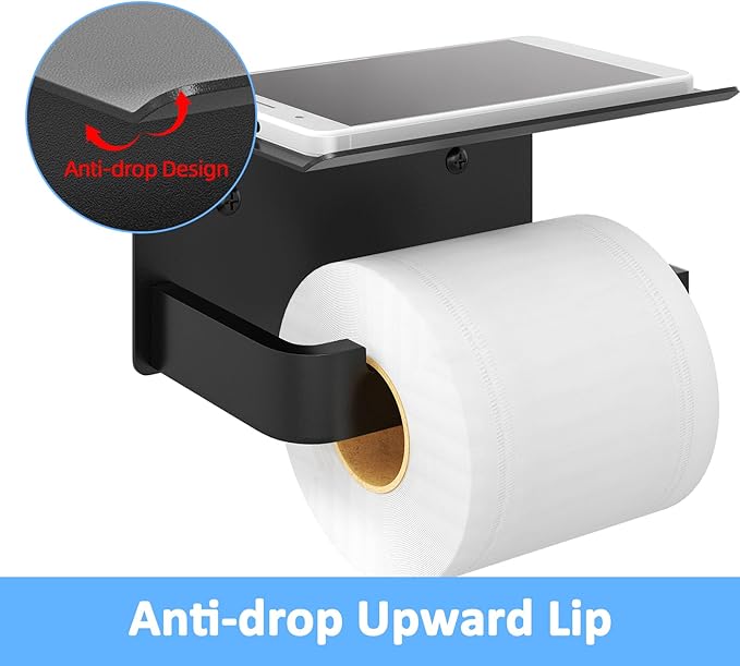 Toilet Paper Holder with Phone Shelf, Matte Black Toilet Paper Holder Wall Mount, Rustproof Stainless Steel Bathroom Storage