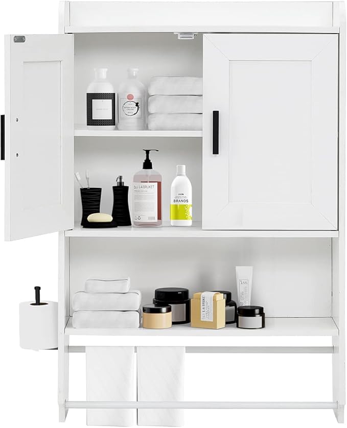 apexnova Bathroom Wall Cabinet, Wooden Medicine Cabinet Over The Toilet with Adjustable Inner Shelf, Wall Mounted Cabinet with Doors for Bathroom Storage, Hanging Cabinet for Wall with Towels Bar