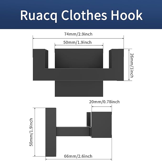 Ruacq Double Towel Hooks for Bathrooms, Heavy Duty Stainless Steel Square Bathroom Hooks, Wall Mounted Towel Hanger for Robe & Coat, Ideal for Kitchen, Bedroom, and Hotel Use(Matte Black)