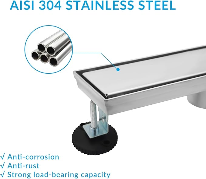 12 Inch Linear Shower Drain Silver Floor Drain for Bathroom Kitchen Rectangular 2 in 1 Floor Drain Tile Insert Cover 304 Stainless Steel Easy Install with Hair Strainer, Adjustable Leveling Feet