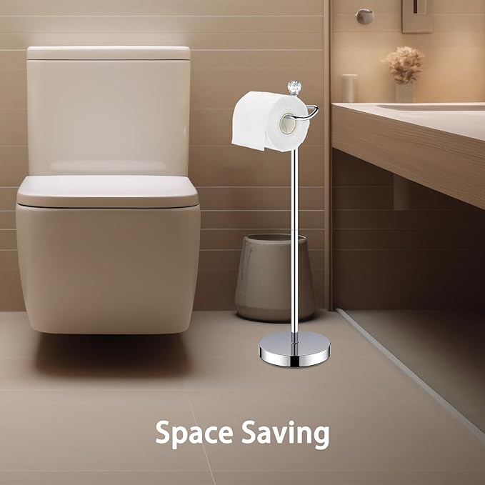 Toilet Paper Holder Stand (with Reserve Function) Free Standing Toilet Paper Holder for Bathroom Total Height 24.4" with Crystal Finial, Chrome Finish