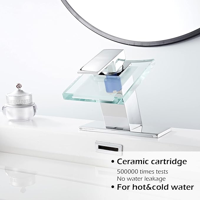 Bathroom Waterfall Faucet Chrome LED Glass Spout with Overflow Drain Stopper Single Handle One Hole Modern Design Bath Basin Tap 3 Color Changing Battery Powered Lavatory Vanity Sink Deck Mount