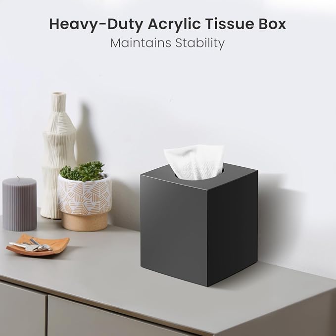 Tissue Box Cover, Square Facial Acrylic Tissue Box Holder with 2 Pack Clear Qtip Holder Dispenser, Bathroom Vanity Dresser Night Stand Essentials Accessories Decor, Modern Farmhouse Decor,Black