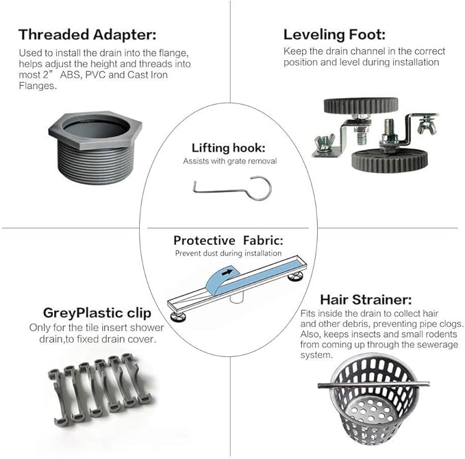 Neodrain 28-Inch Linear Shower Drain with Tile Insert Grate,Brushed 304 Stainless Steel Rectangle Shower Floor Drain,Linear Drain with Leveling Feet, Hair Strainer