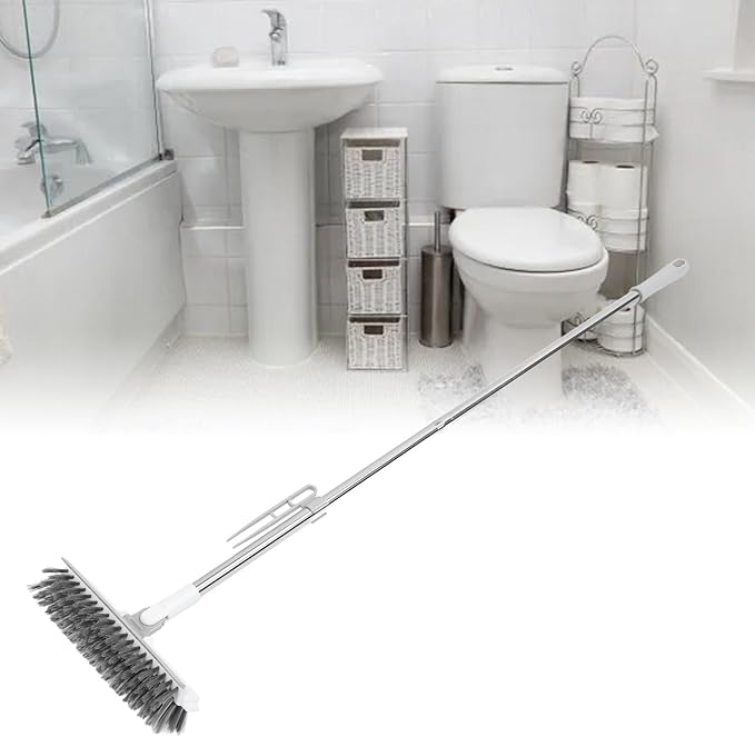 2 in 1 Floor Brush Scrubber, 180 Degree Rotating Long Handle Grout Brush Stiff Bristle Tile Brush for Cleanse Bathroom Kitchen (White)