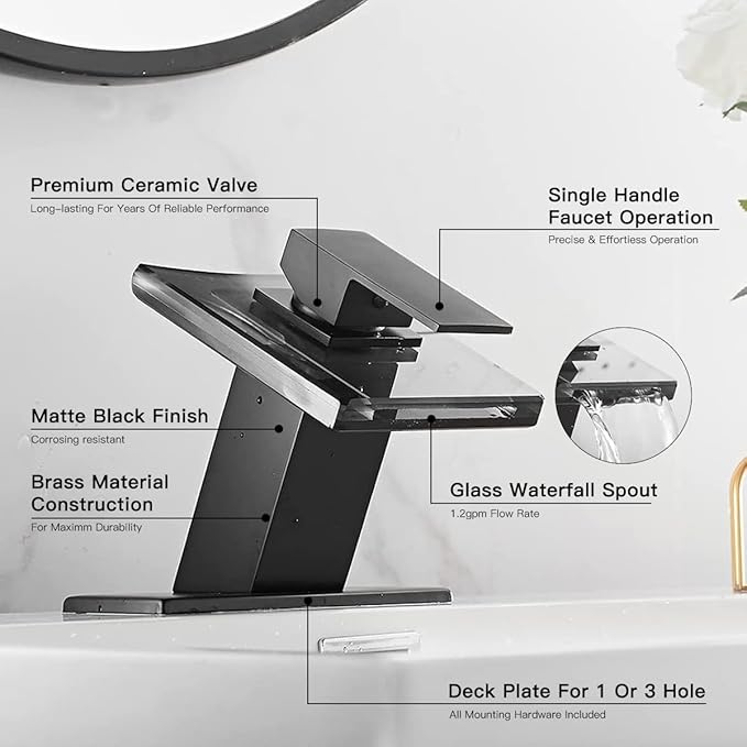 Bathroom Faucet Black Waterfall Glass Spout Single Handle One Hole Bath Sink Faucet Vanity Lavatory Basin Mixer Tap with Cover Plate Deck Mount Commercial