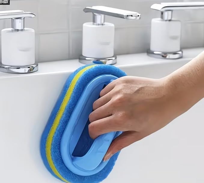 Tile and Grout Cleaning Brush with Handle, Blue and Yellow, Multi-Layer Sponge Scrubber, 5.12 x 2.61 Inches