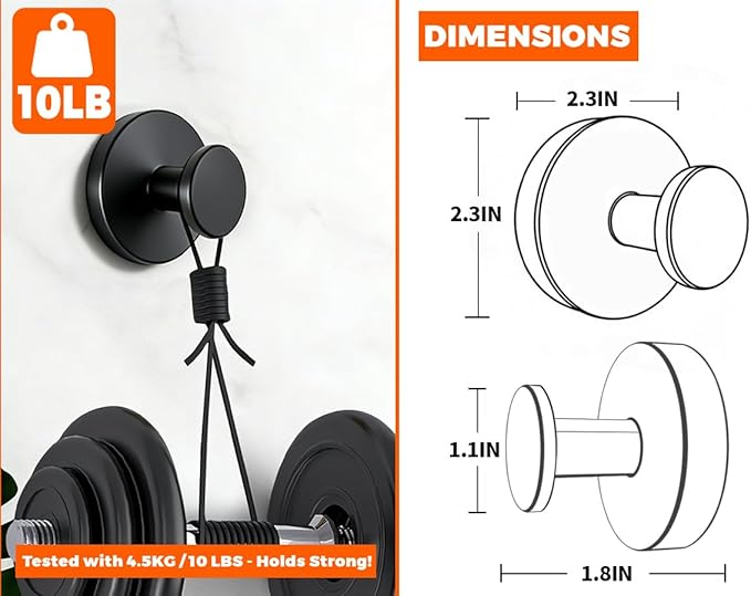 Strong Suction Cup Shower Hooks,Heavy Duty No Drill Bathroom Hooks for Towels, Wall, Glass Door, Tile, Mirror - Waterproof Adhesive Hooks for Home Kitchen Organization (2 Pack, Black)