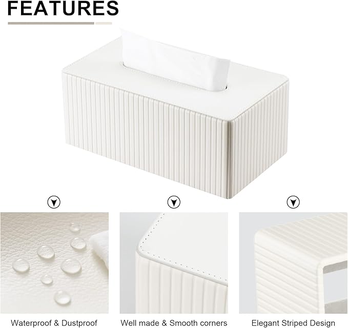 KINGFOM PU Leather Tissue Box Cover Rectangular Tissue Box Holder with Magnetic Bottom, Napkin & Facial Tissue Holder Dispenser for Home, Office (Decorative Pattern-PU Leather, Off-White Stripe)