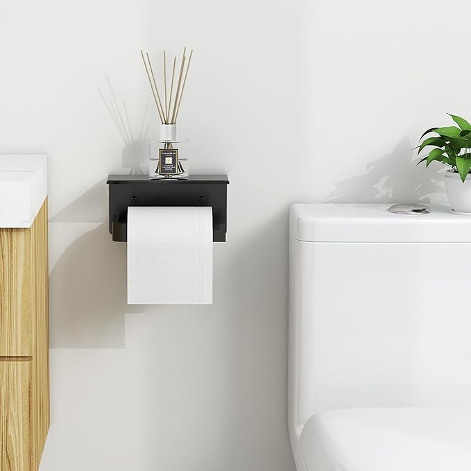 Toilet Paper Holder with Phone Shelf, Matte Black Toilet Paper Holder Wall Mount, Rustproof Stainless Steel Bathroom Storage