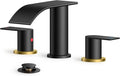 FORIOUS Bathroom Faucets, Waterfall Bathroom Sink Faucet with Metal Pop up Drain and cUPC Hose for Basin, Vanity, RV, Pedestal 2 or 3 Hole Sink, 8 Inch Widespread, Black and Gold