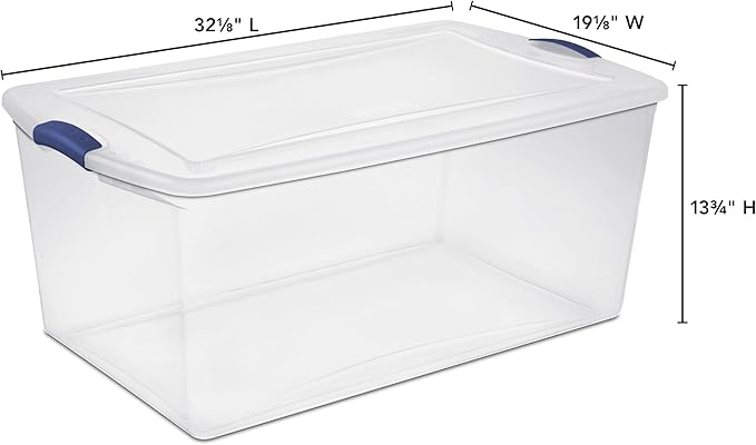 (2-PACK) 105 QT Plastic Transparent Storage Box, Equipped with a Blue Lock Mechanism, Stackable, Suitable for Household Items, Seasonal Clothing, Holiday Decorations and Garage Organization.