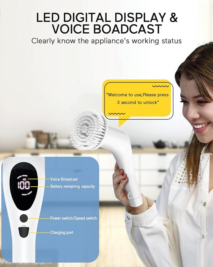 Electric Spin Scrubber, Cordless Voice Prompt Cleaning Brush with 9 Replaceable Brush Heads, 3 Adjustable Speeds Shower Scrubber with Extension Long Handle for Bathroom Floor Tile
