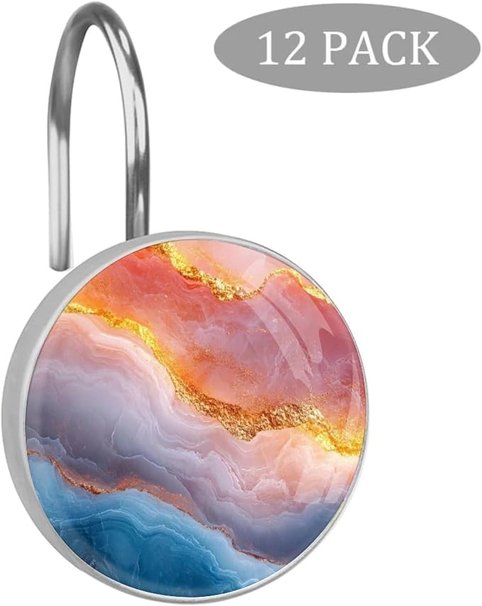 Multicolor Marble Decorative Shower Curtain Hooks,12 Pcs Rust Proof Glass Surface Stainless Steel Curtain Rings for Bathroom Bedroom Living Room Shower Rods Decor
