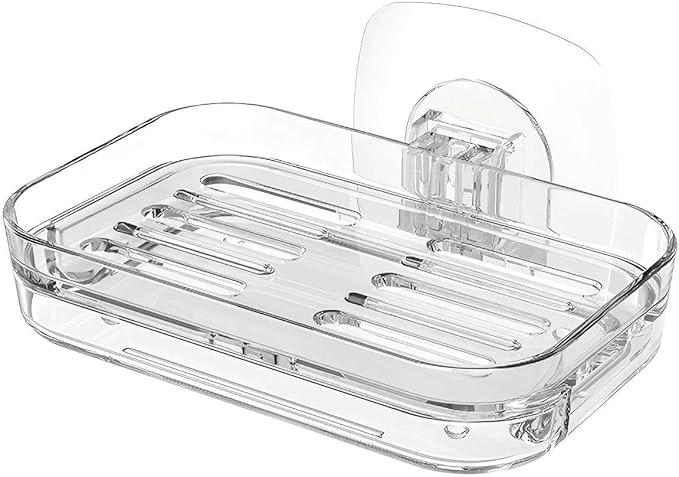 Soap Dish for Shower Clear Acrylic Bar Soap Holder with Self-Draining Design - No Drilling Required Strong Adhesive Mount for RV Bathroom and Kitchen Easy to Clean and Space-Saving (Adhesive)