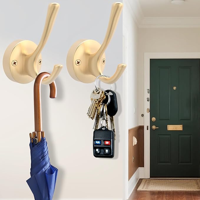 Gold Hat and Coat Hooks, 4 Pack Heavy Duty Coat Robe Hook, Metal Double Backpack Hook Wall Mounted, Towel Hooks for Bathroom Entryway Cubicle Closet Garage