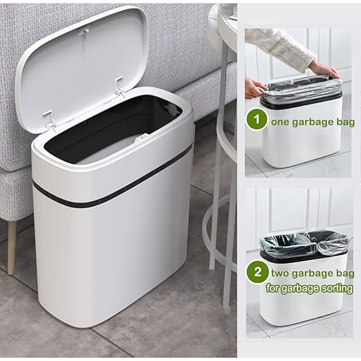 14 Litre Trash Can with Press Top Lid, 3.7 Gallons Plastic Garbage Bin, Slim Wastebasket for Bathroom, Kitchen, Toilet, Office, Room, Bedroom, White lid Without Brush