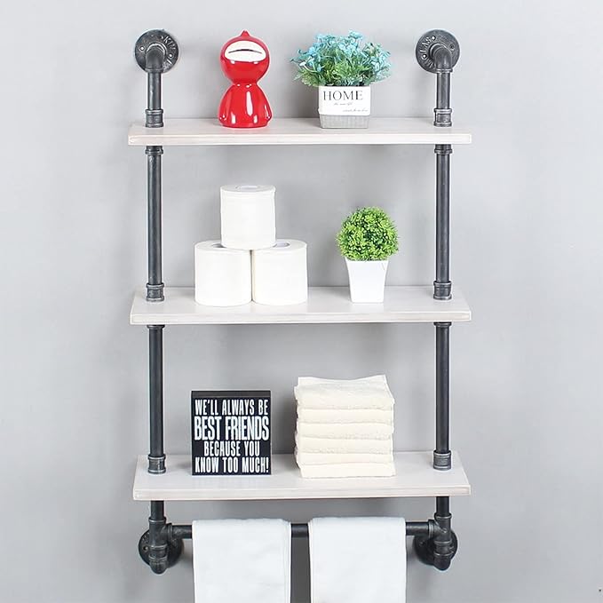 MBQQ Industrial Shelving,Bathroom Shelves with Towel bar,24in Rustic Metal Pipe Floating Shelves Pipe Wall Shelf,3 Tier Industrial Shelf Wall Mounted,Retro White