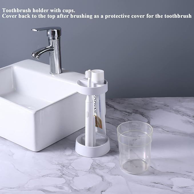 Toothbrush Holder with Cup/Cover Contains 2 Slots, Compatible with Electric Toothbrushes and Conventional Toothbrushes, Can Store Toothpaste Meiloi