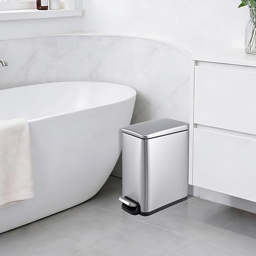 Garvee Small Bathroom Trash Can with Lid, 10 Liter / 2.6 Gallon Stainless Steel Garbage Can with Removable Inner Bucket & Step Pedal, Slim Metal Trash Bin for Toilet, Bedroom, Kitchen, Office, Silver