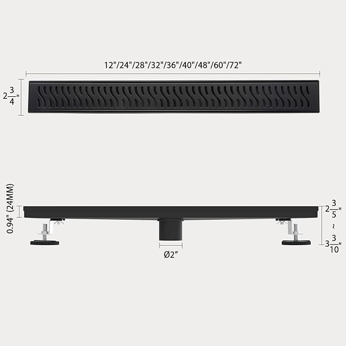 48 Inch Linear Shower Drain, Matte Black Shower Drain, Removable Grate, 304 Stainless Steel, Easy to Install and Clean for Bathrooms (Drain Base Not Included), LSD-51A-48B