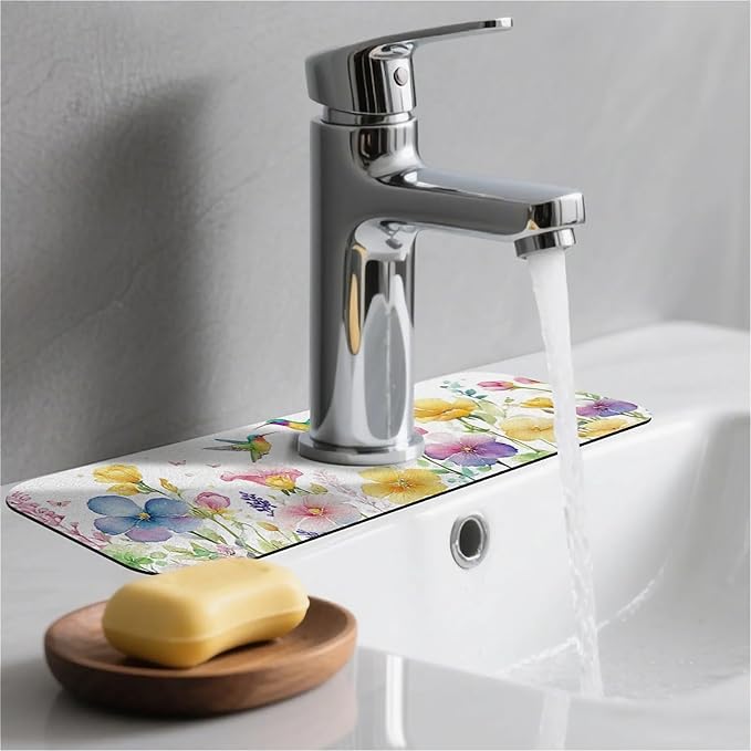 Kitchen Sink Splash Guard，Spring flowers with hummingbirds Faucet Mat Sink Gadgets-Super Absorbent Fast Drying Mat Drip Catcher for Kitchen, Bathroom,Sink Mat, Dish Drying Mat, Bathroom(15" X 5.5" )