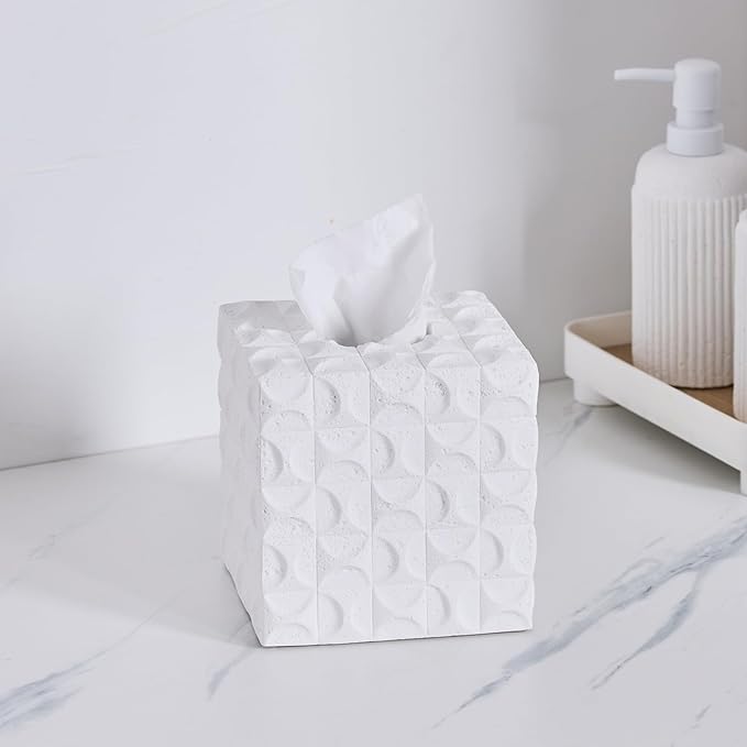 White Mosaic Tissue Box Cover Square for Home Decor, Relief Sculptured Geometric Cube Resin Heavy Tissue Box Holder for Bathroom Countertop, Tabletop, Night Stand, Office Desk