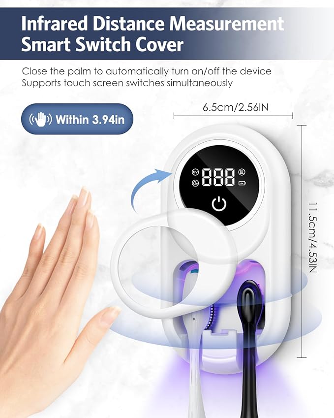 Toothbrush Sanitizer Holder, Upgraded UV Toothbrush Holder with Dual-Mode Clean & Fan Dry, LED Smart Screen, Auto-Inductive Cover, Toothbrush Wall Mounted Cleaner Organizer for Bathroom, Trip