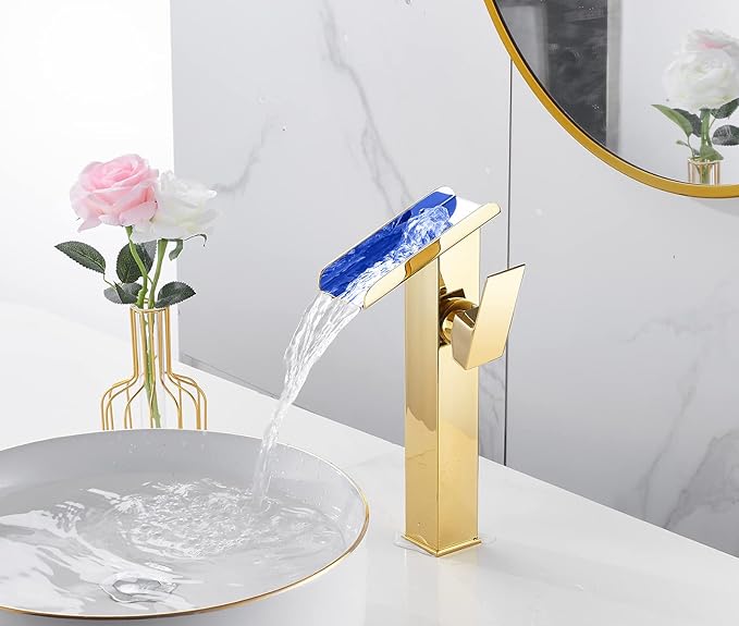 Bathroom Vessel Faucet Gold LED 3 Color Changing Light Waterfall Vessel Sink Faucets Single Handle One Hole Bowl Sink Faucet Vanity Lavatory Basin Mixer Tap Tall with Supply Hose Commercial Modern