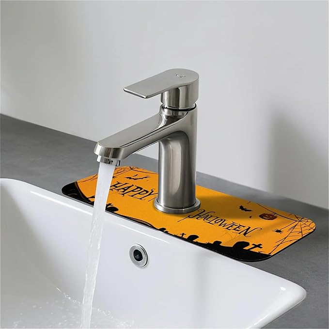 Faucet Draining Mat For Kitchen Sink, Halloween Bats Spider Webs Diatom Mud Absorbent Drain Pad For Bathroom Kitchen Sink Splash Guard Drying Mat