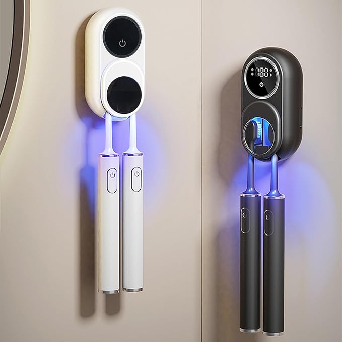 Display Toothbrush Holders Wall Mounted for 2 Rechargeable Bathroom Organizers with LED Screen Easy Install Toothbrush Dryer
