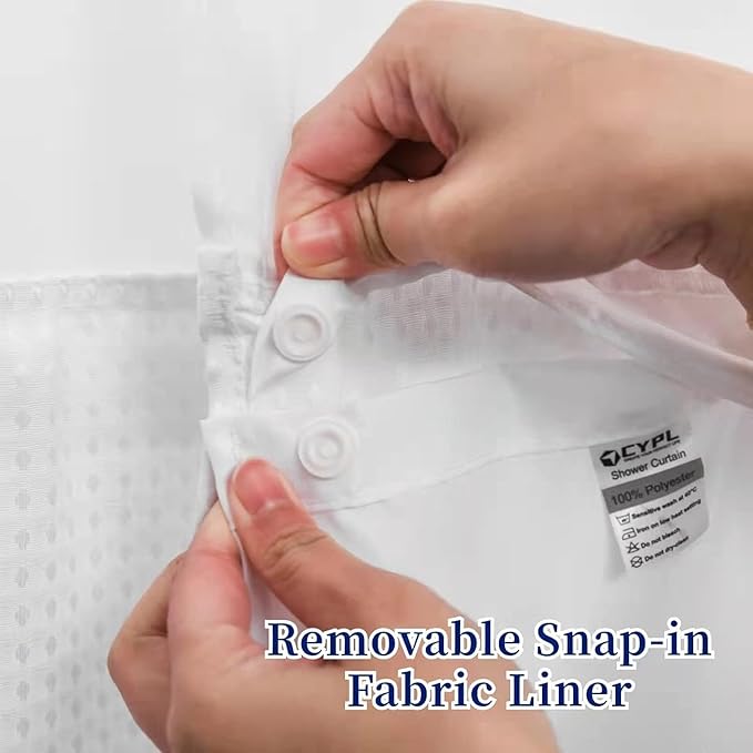 No Hooks Required Long Waffle Weave Shower Curtain with Snap in Liner-Hotel Grade Waterproof & Mesh Top Window Spa Like Bath Curtain Machine Washable Heavy Duty 71''W x 86''H White