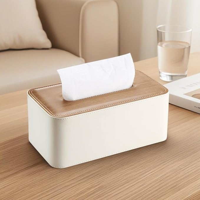 KINGFOM Tissue Box Cover, PU Leather Tissue Box Holder Rectangular, Modern Facial Tissue Paper Napkin Dispenser for Bathroom, Home, Office, Car Automotive Decoration with Magnetic Lid Light Beige