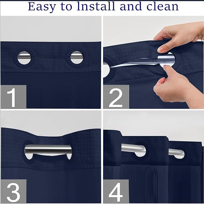 No Hooks Required Waffle Weave Shower Curtain with Snap in Liner-Hotel Grade Waterproof & Mesh Top Window Spa Like Bath Curtain Machine Washable 54Wx80L Navy Blue