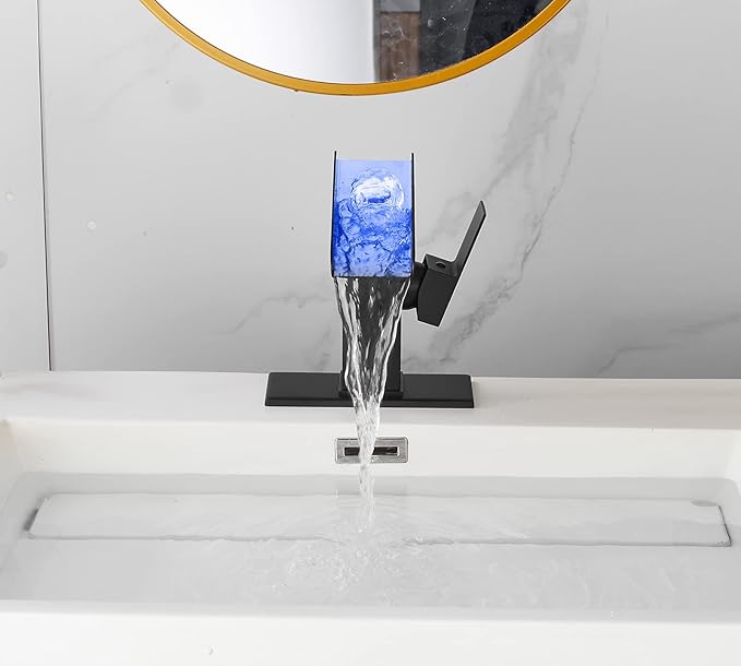 Bathroom Sink Led Faucet Waterfall Spout Black RGB 3 Colors Changing Temperature Lavatory Vanity Sink Faucet One Hole Handle Modern Washbasin Tap with Lights Deck Mount Commercial