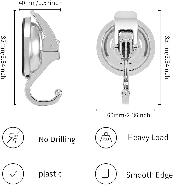 Heavy Duty Vacuum Suction Cup Hooks, Silver Plated Polished Super Suction for Kitchen Bathroom, 1 Pack
