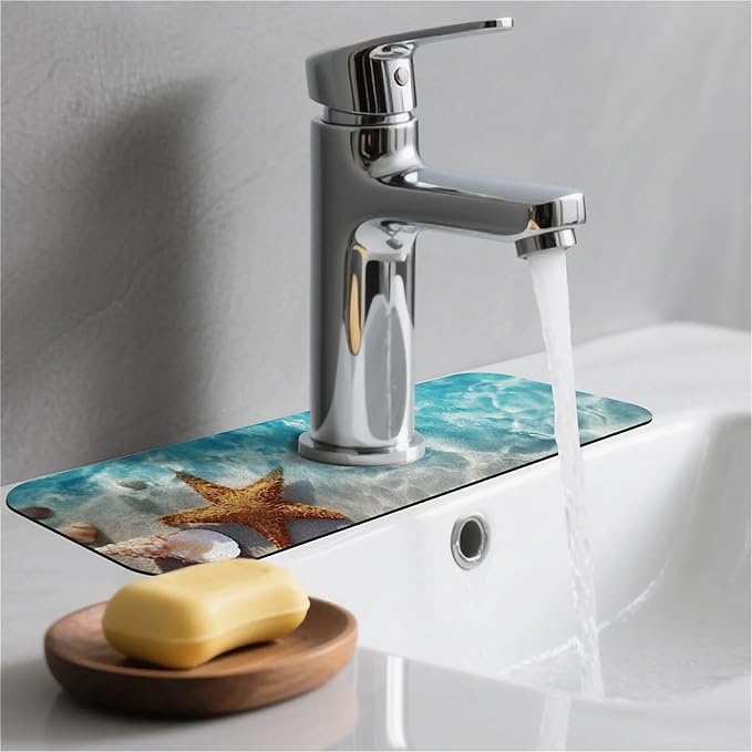 Kitchen Sink Splash Guard，Starfish Shell Beach Faucet Mat Sink Gadgets-Super Absorbent Fast Drying Mat Drip Catcher for Kitchen, Bathroom,Sink Mat, Dish Drying Mat, Bathroom(15" X 5.5" )