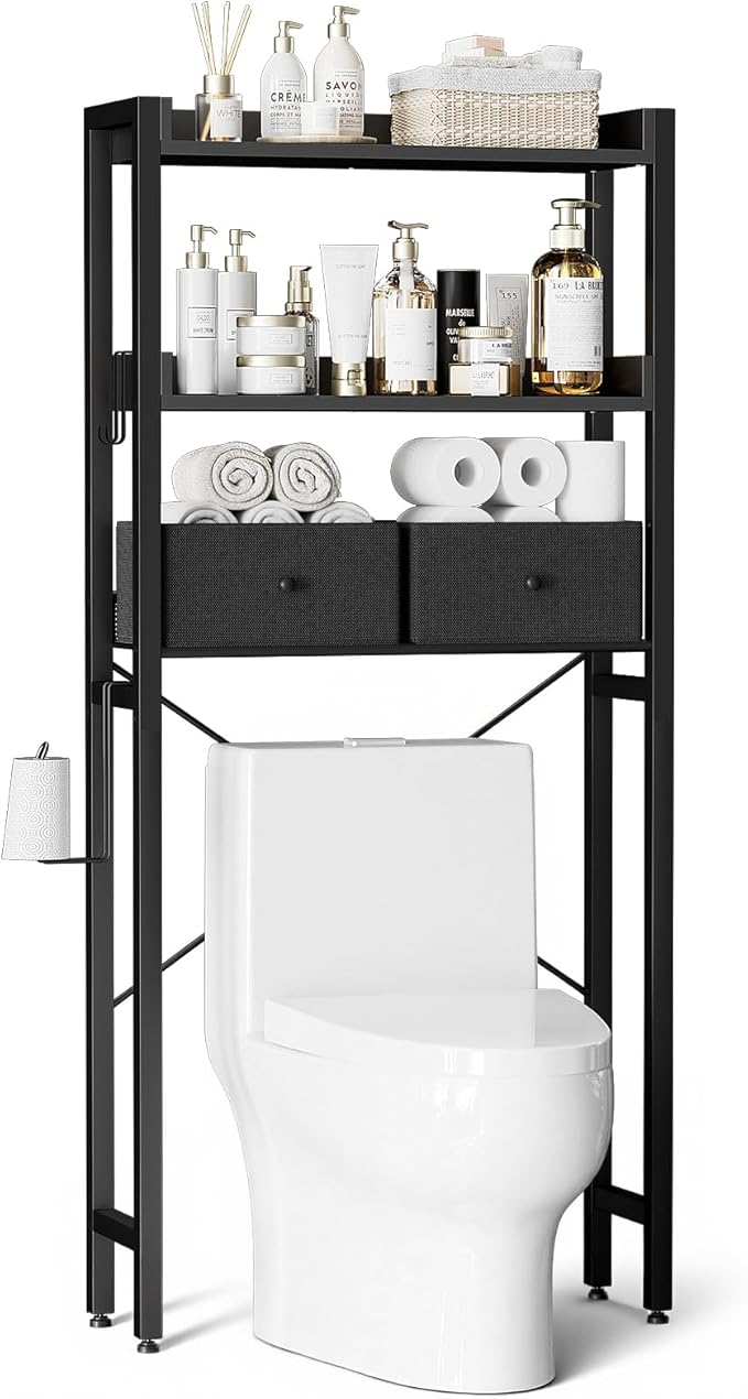 Housolution Over The Toilet Storage with 2 Drawers, 3 Tier Over Toilet Bathroom Organizer with Height Adjustable Shelves and Hooks, Space Saver Above Toilet for Bathroom/Restroom/Laundry, Black