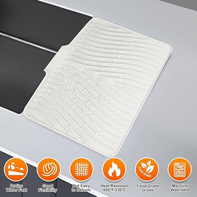 Silicone Dish Drying Mat for Kitchen Counter, Dish Drying Pad, Non-Slip Drain Pad with Built-in Drain, Heat Resistant Stone Drying Mat, Cream-1Set