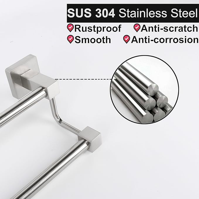 TocTen Double Bath Towel Bar - Thicken SUS304 Stainless Steel Towel Rack for Bathroom, Bathroom Accessories Double Towel Rod Heavy Duty Wall Mounted Square Towel Holder(Brushed Nickel, 16 INCH)