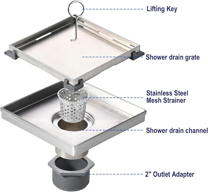 Square Shower Drain with Removable Tile Insert Grate, 6-Inch, Brushed 304 Stainless Steel, Includes Hair Strainer CUPC Certified,MUYEDRAIN
