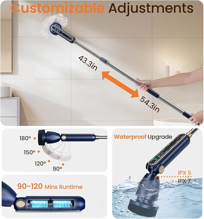 Electric Spin Scrubber 16 in 1 Cleaning Brush with Adjustable Angles & Heads, Bathroom Power Scrubber with Extendable Handle, Interactive LED, Cleaning Supplies for Toilet,Kitchen,Shower-Blue