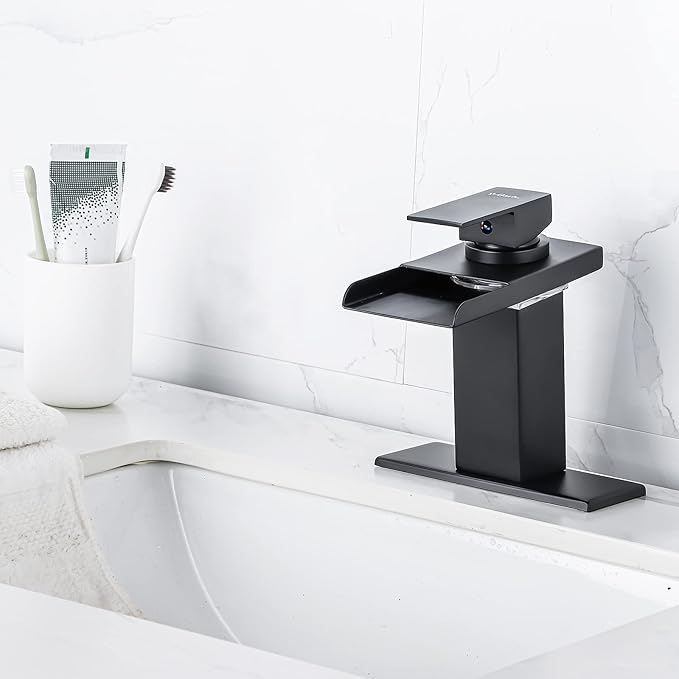 LED Bathroom Sink Faucet - Matte Black Single Hole or 4 Inch Centerset Waterfall Faucet with Stainless Steel Spout and Temperature-Sensitive LED Lights, Includes Deck Plate