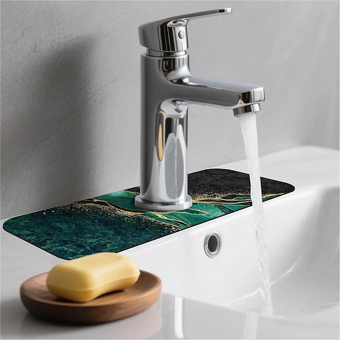 Kitchen Sink Splash Guard，Black and green gold marble Faucet Mat Sink Gadgets-Super Absorbent Fast Drying Mat Drip Catcher for Kitchen, Bathroom,Sink Mat, Dish Drying Mat, Bathroom(15" X 5.5" )