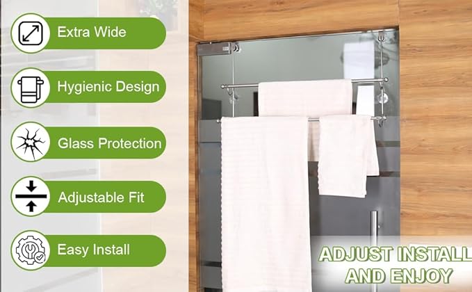 Insieme 29 x16 Inch Towel Rack for Over Glass Shower Wall or Glass Shower Enclosure (Frameless or Frames up to 1.6" Thick). Easy Do-It-Yourself Assembly - 2 Tier - Stainless Steel - No Rust