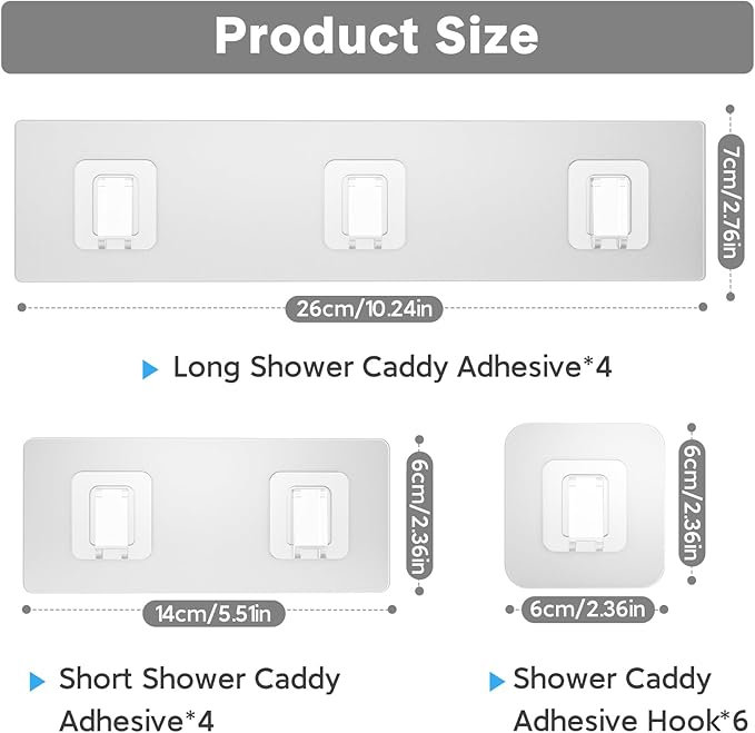 14 Pack Shower Caddy Adhesive Replacement Flat, Transparent Strong Adhesive Hooks, No Drilling, Waterproof Wall Hooks for Shower Caddy, Bathroom Storage Shelves and Kitchen Racks