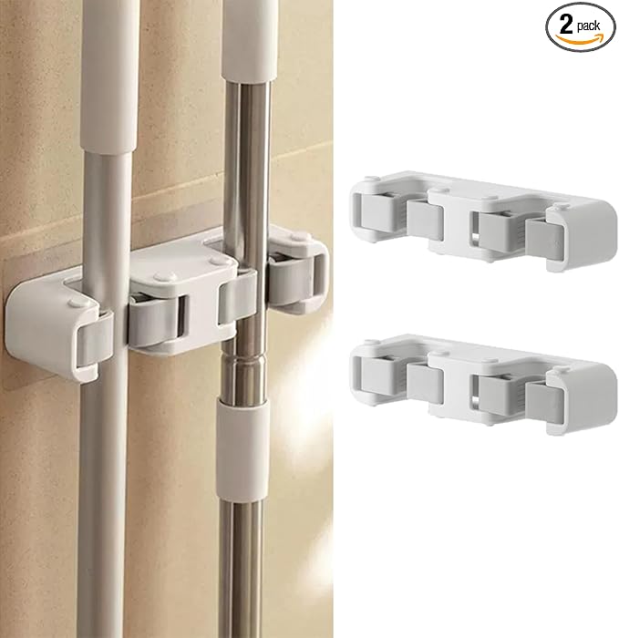 Broom Holder Wall Mount Mop and Command Broom Hanger Organizer Wall Mount Self Adhesive (2 Double clip)