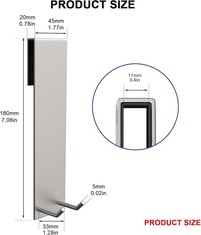 Shower Door Hook, Extended Length Frameless Shower Door Hook (7 Inches), Heavy-Duty Bathrobe Towel Stainless Steel Hook, No Drilling or Adhesive Required, 2-Pack, Silver