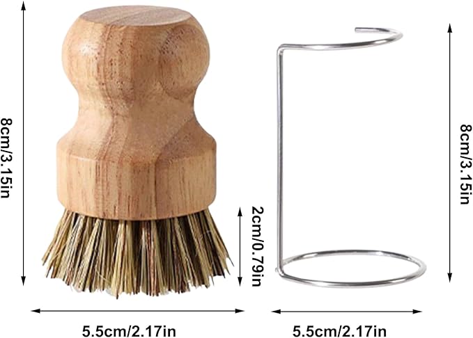 Dish Scrub Brush - Wooden Handle Kitchen Scrubber | Stiff Bristles Cleaning Brush Drain Rack Holder Included Easy Grip Design for Sink Pots Pans Shower Bathroom Grout Tile Washing